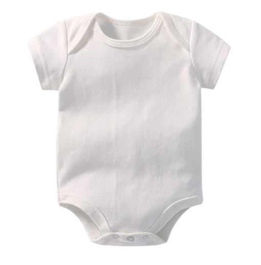 A white short sleeve bodysuit for newborns, made of 100% cotton, designed for babies aged 0-3 months.