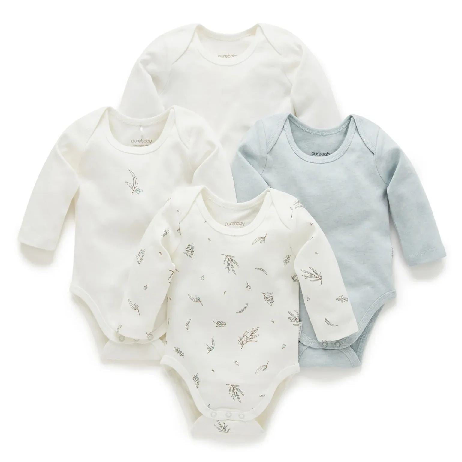 Purebaby - 4 Pack Easy Neck Long Sleeve Bodysuit 0-3 Months