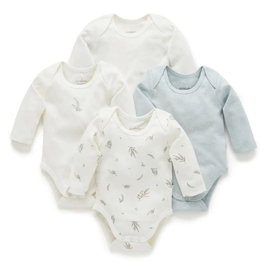 Purebaby - 4 Pack Easy Neck Long Sleeve Bodysuit 0-3 Months
